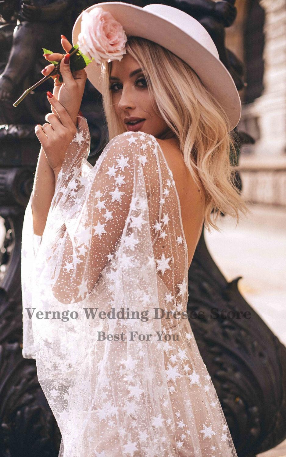 Verngo Sparkles Counting Stars Beach Wedding Dress Boho Lace Shine Beads Long Sleeves Modern Bohemian Bridal Gowns Glisten 2021