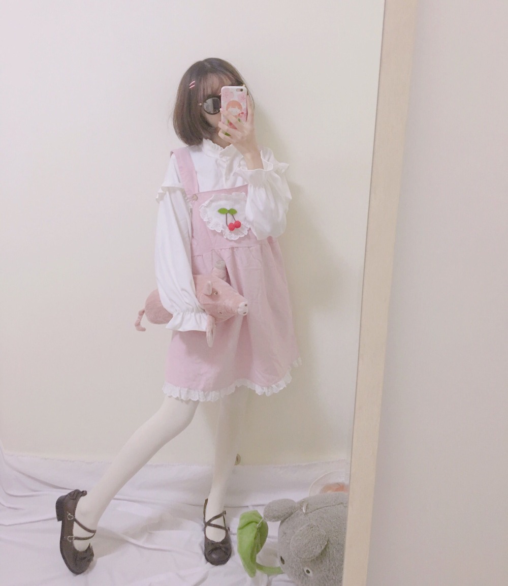 2019 Spring Women's New Japanese Fresh Cherry Kawaii Strap Dress Sweet Lolita Student Dress