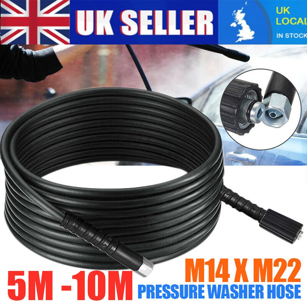 10 meters 5800PSI High Pressure Washer Hose Cord Pipe Car Cleaner Water Cleaning Extension Hose Water Hose M14 M22 Connector