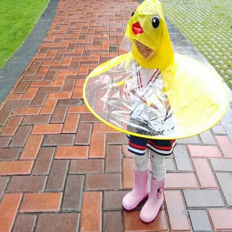 Cute Raincoat Cartoon Duck Kids Rain Coat UFO Children Umbrella Hat Magical Hands Free Tops Boys And Girls Windproof Rainwear