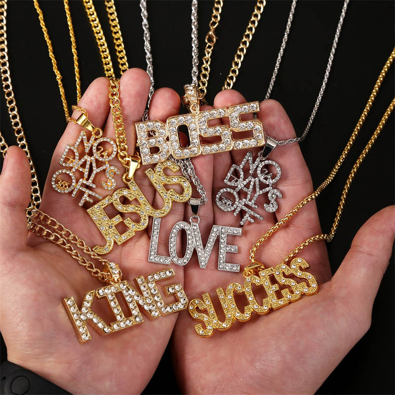 Hip Hop Jewelry Statement Women Men Rhinestone King Queen Letter Necklace Pendant Punk Style Gold Silver Color Chain Necklace