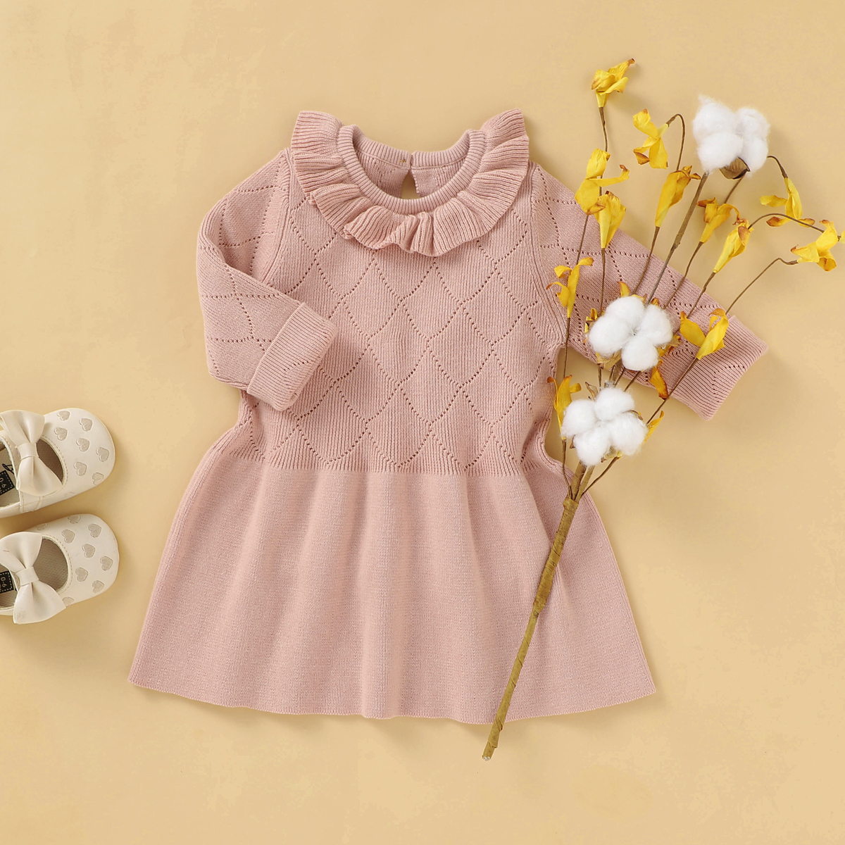 Infant Newborn Baby Girls Sweaters Dress Hollow Out Knitted Long Sleeve Ruffled Gown Solid Autumn Winter Dresses