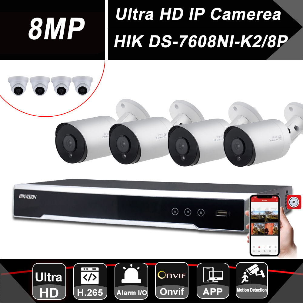 8MP 8CH CCTV System Kit Ultra 4K Outdoor Security POE Camera with Hikvision 8 POE NVR DS-7608NI-K2/8P Video Surveillance Kit