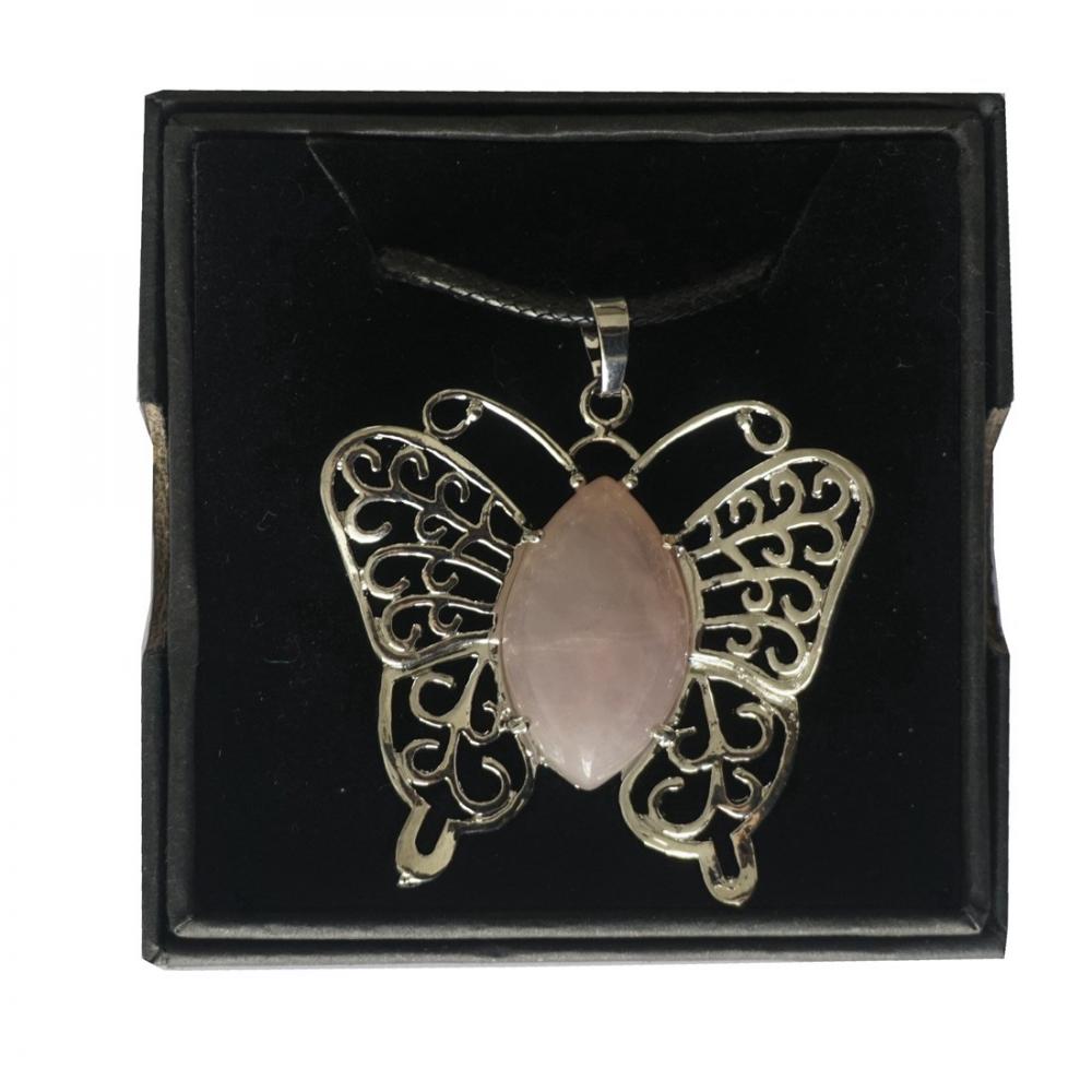 Vintage Gemstone Silver Alloy Butterfly Pendant Necklace for Women Gemstone Quartz Healing Crystal Girls Dating Jewelry
