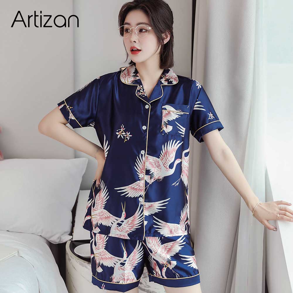 Sleep Lounge Pajama Set Sexy Satin Sleepwear Women Summer Silk short Pyjama Femme Pijama Fashion Flower Pajamas for Women 2Pcs