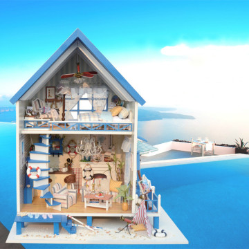 LED Beach Blue Villa doll house furniture diy dollhouse wood diy doll house miniature dollhouse furniture children puzzle Toys