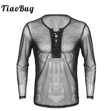 TiaoBug Mens Lace Up Mesh See Through Long Sleeve T-Shirt Men Sexy Club Wear Costumes Undershirts Sheer Fishnet Tops
