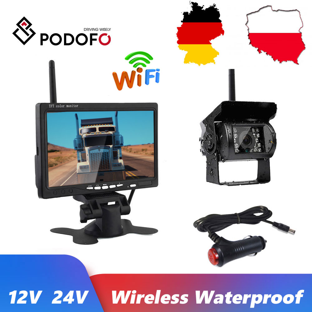 Podofo 7" HD 12V 24V Wireless TFT LCD Vehicle Backup Rear View Camera Monitor Car Charger For Trucks Bus RV Trailer Excavator