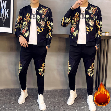 2-piece Set Track Suits Sweatsuit Man Tracksuit Plus Velvet To Keep Warm Chinese Style Winter Mens Set Pant Thick Warm Tracksuit