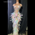 Stage Performance Outfit Feather Rhinestone Dress Nightclub Party Celebration Women Elastic Sleeveless High Slit Prom Dress