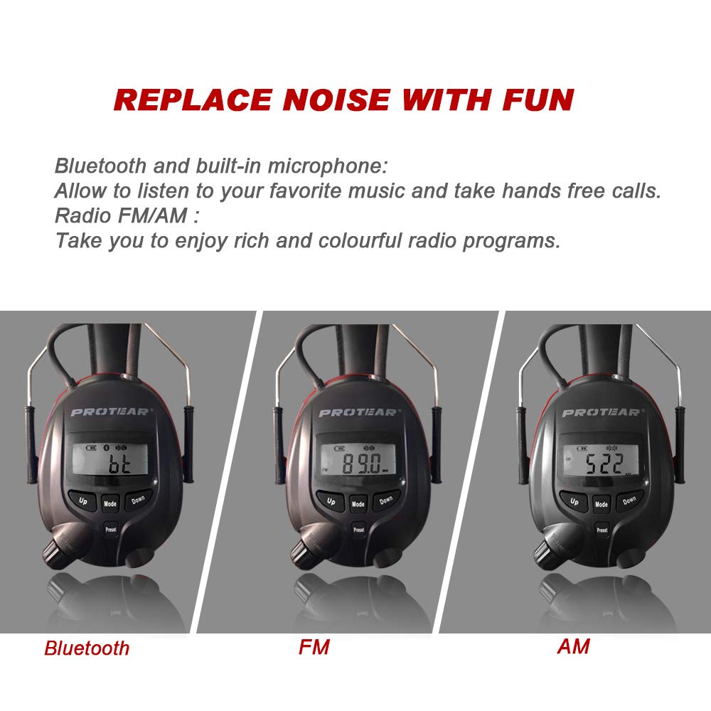 Protear 1200mAh Lithium Battery NRR 25dB Hearing Protector Bluetooth AM/FM Radio Earmuffs Electronic Ear Protection