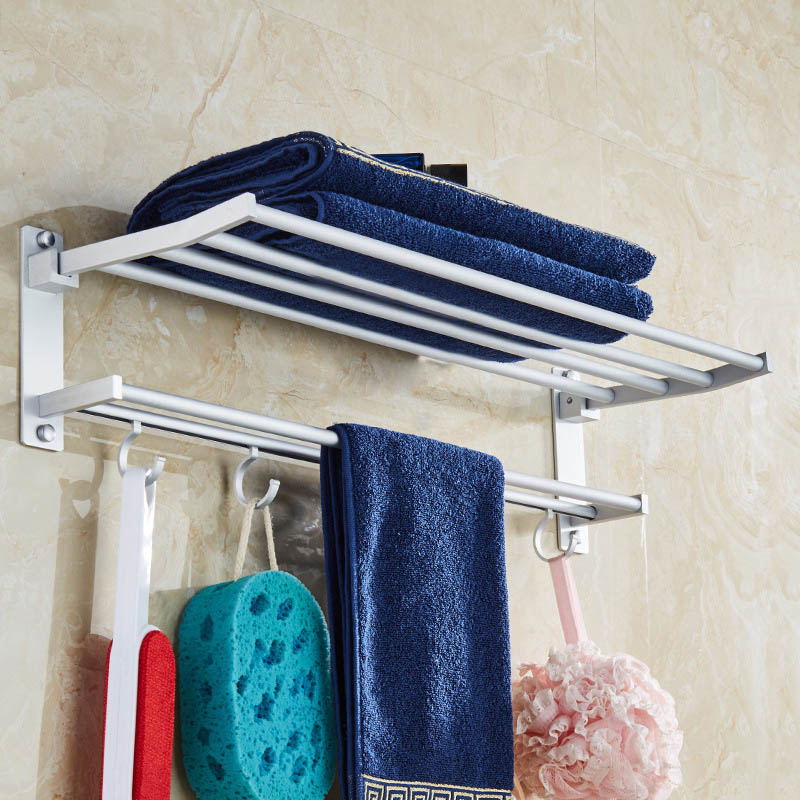 40/50/60cm Space Aluminum Double Towel Rack With 5 Hooks Foldable Towel Kitchen Bathroom Shelves WWO66