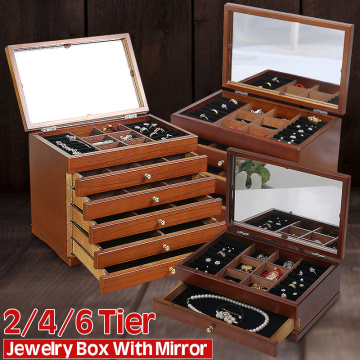 Multi-Layer Big Wooden Jewelry Box Hollow out/With Mirror Jewelry Display Casket Earrings Ring Boxes Jewelry Organizer Gift Box