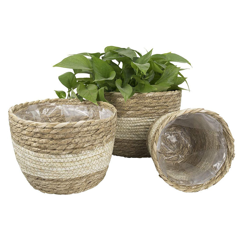 Dia. 18cm 22cm 25cm Rice White Large Straw Woven Natural Seaweed Floor Planting Basket Flower Pot