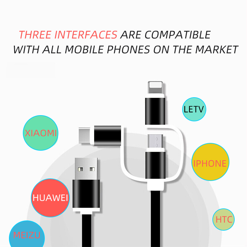 3 in 1 Data Line For Android iphone Type-c Mobile Phone Multi-function Usb One Dragging Three Data Charge Cable