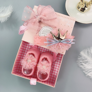 Infant Newborn Baby Girls 3Pcs/Set Slipper Socks Headband Gift Box Foot Socks Lace Crown Hair Band Accessories Photo Props