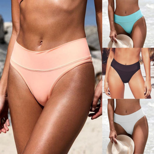 2019 Summer Sexy Women Bikini Thong Bottom Brazilian High Waist Solid Swimwear Beachwear Bathing S-XL
