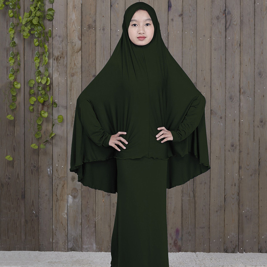 Abaya Kaftan Islamic Fashion Muslim Dress Clothing Arab Middle Eastern Teen Girl Solid Color Simple Dress Two-Piece Suit 4.17