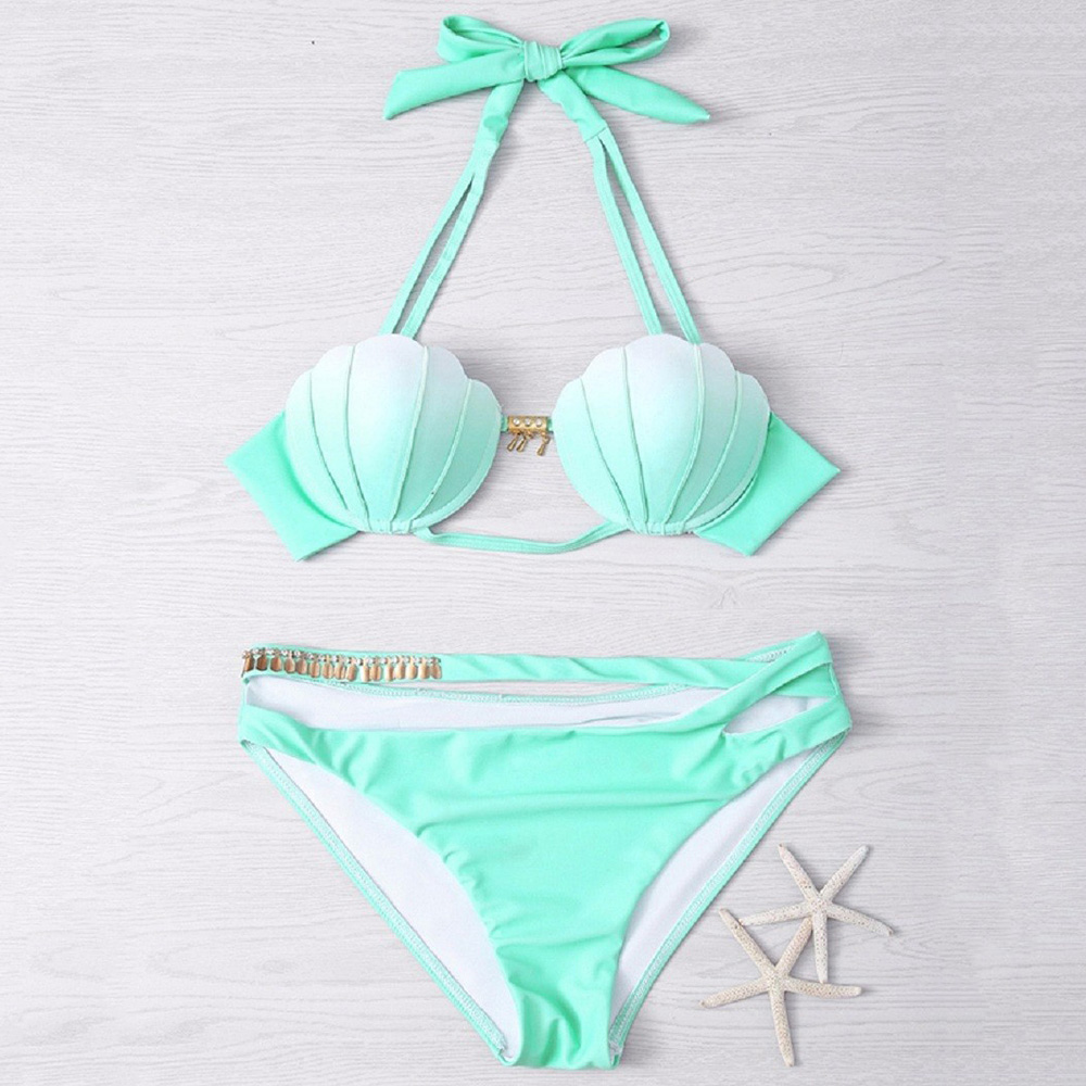 2pcs/set Mermaid Shell Bikinis Set Bra Design Two-Piece Suit Swimwear Gradient Color Beachwear Sexy Swimsuit Bikini Beachwear