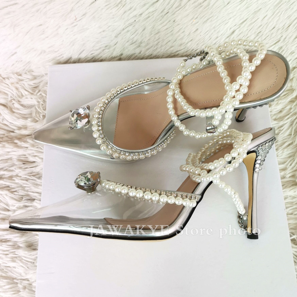 luxury brand shoes Women Summer wedding party shoes Runway Crystal ladies shoes pearl chain bowknot Stilettos High Heels sandals