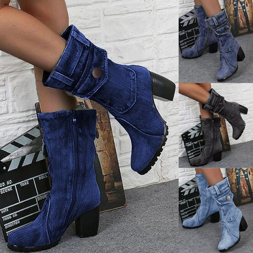 Denim boots for Women Mid-rise Rome Solid color Large Size Shoes woman Slip-On Chunky Med Heels Mid-calf Boots chaussures femme