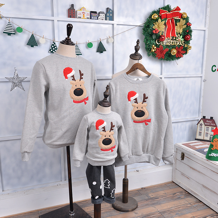 2019 Winter Merry Family Matching Outfits Christmas Sweater Cute Deer Children Clothing Kid T-shirt Add Wool Warm Family Clothes