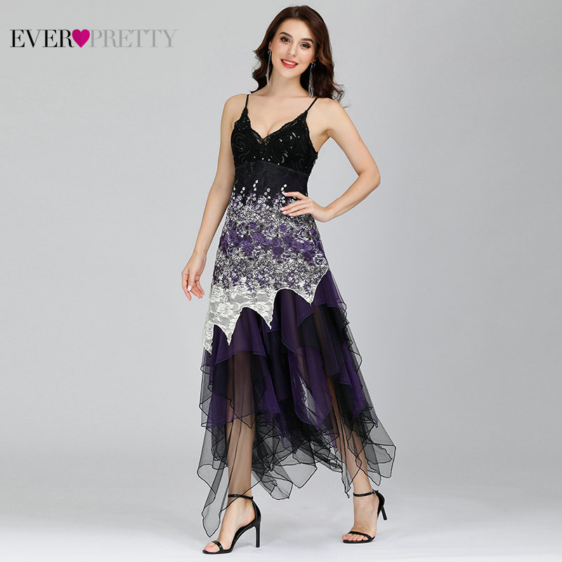 Sexy Cocktail Dress Women Long Spaghetti V-Neck Black White Lace Empire Ever Pretty EP6212B Sparkling Plus Size Cocktail Dresses