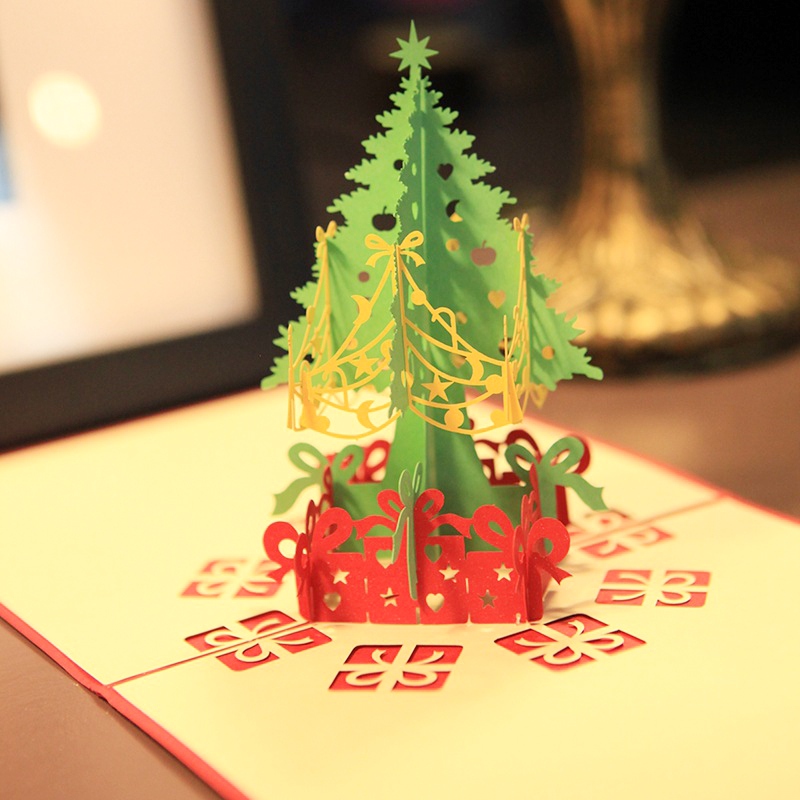 Christmas Unique Holiday Postcards Cards 3D Popup Christmas Tree Greeting Card with Envelope Invitations for New Year Festival