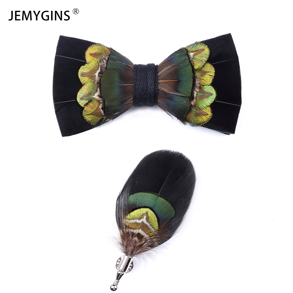 JEMYGINS New listing handmade solid color peacock feather bow tie brooch set high quality men bow tie wedding party gift Cravat