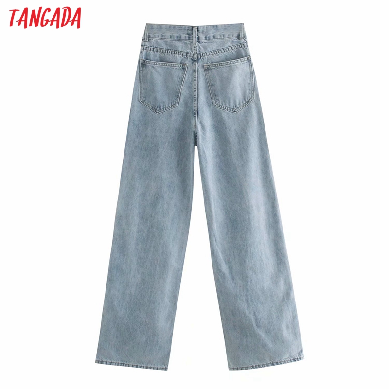 Tangada 2020 women high waist overlength jeans pants trousers pockets zipper female wide leg denim pants 4M520