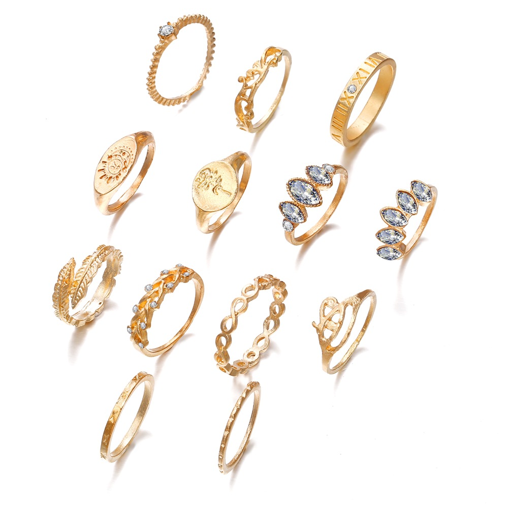 QIMING 13pcs/lot Vintage Gold Women Rings Set Evil Eyes Leaf Crystal Toe Knuckle Finger Ring Bohemian Jewelry
