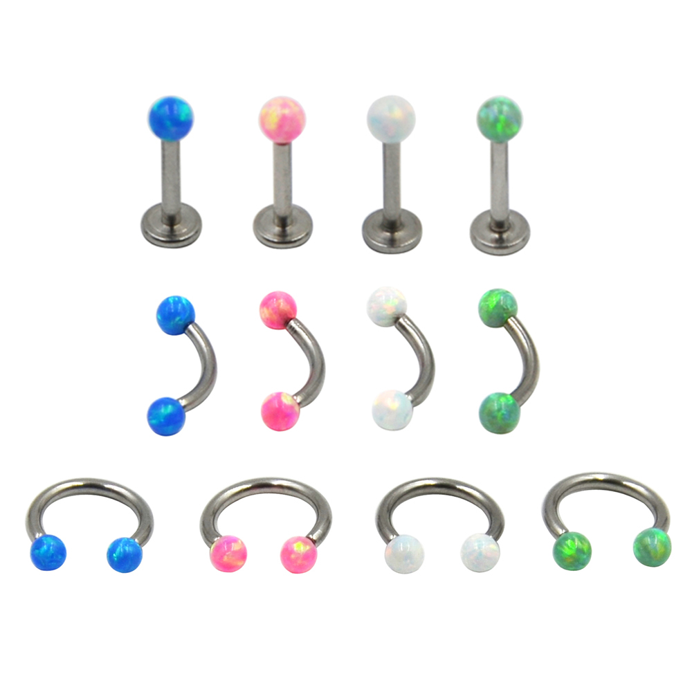 4pieces Assorted Colors Sparkling Synthetic Opal Labret Lip Ring Eyebrow Piercing Horseshoe Circular Barbell Curved Body Jewelry