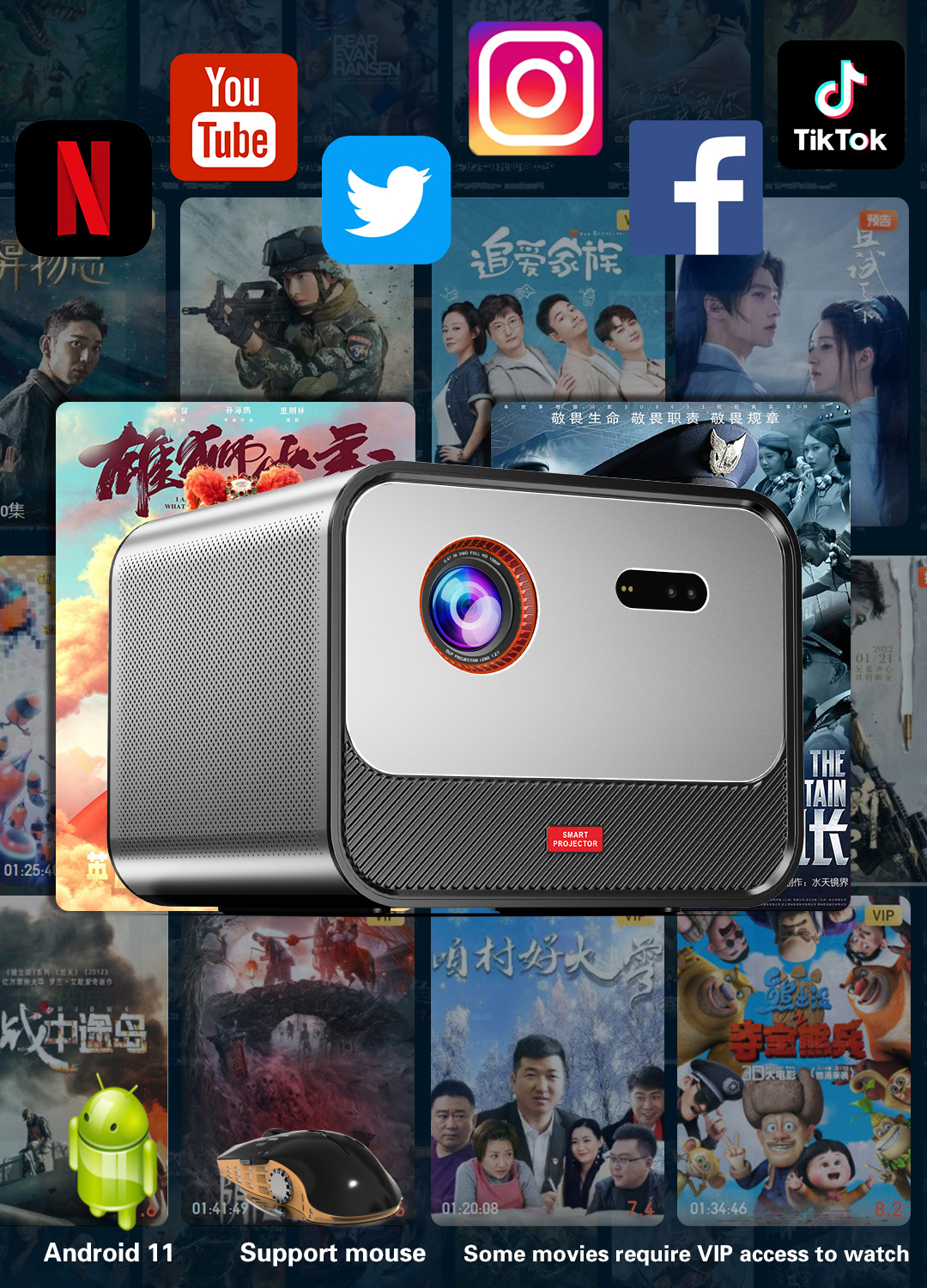 Toumei X5 runs Android 11.0 0S,which contains high quality apps .NetflixYouTube,Prime video,Lulu, Disney+,whatever APp you want,you can findout from APp store.lt is more convenient to use with a mouse.