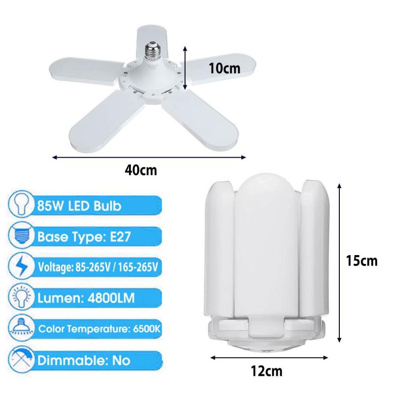 38/85W E26 E27 Indoor Deformable Folding Fan Blade LED Work Light 85-265V Folding Garage Lamp 360 Degree Adjustable Ceiling Lamp