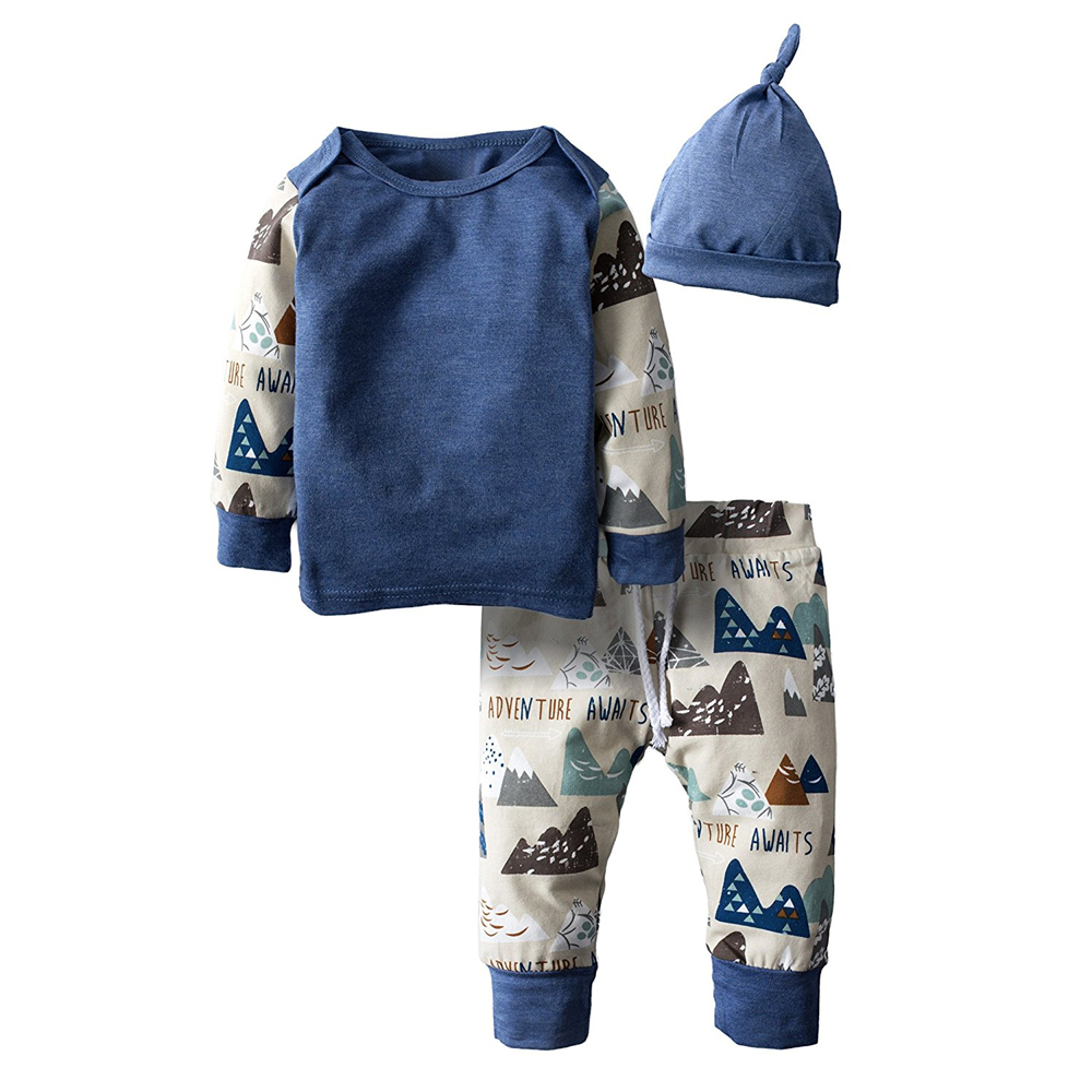 2020 Hot Sale Newborn Baby Boy Clothes Autumn Long Sleeve Cartoon Graphic Top+Pants+Hat Infant 3 Pcs Baby Girl Clothing Set
