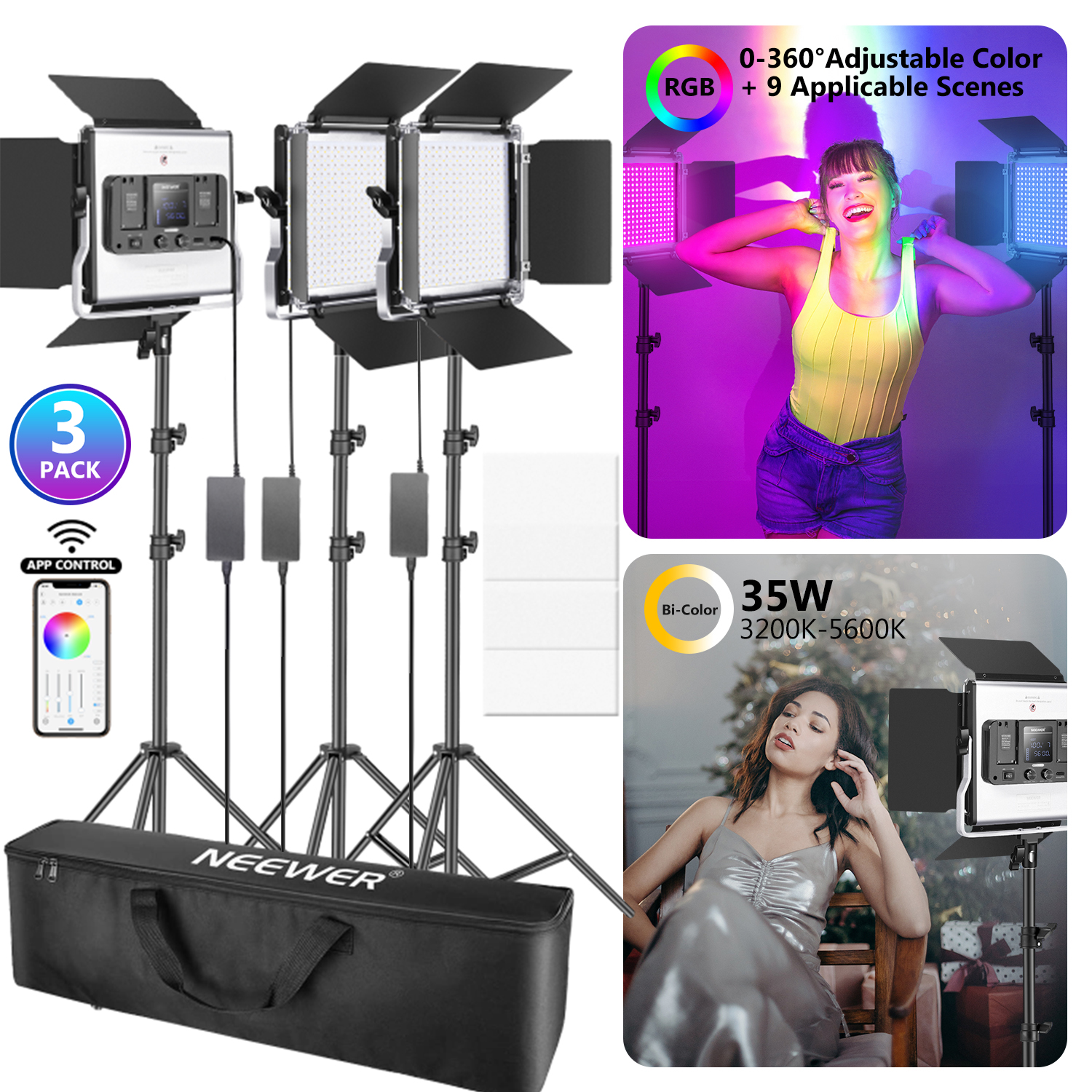 Neewer 2/3 Packs 530 RGB Led Light with APP Control, Photography Video Lighting Kit with Stands and Bag, 528 SMD LEDs CRI95