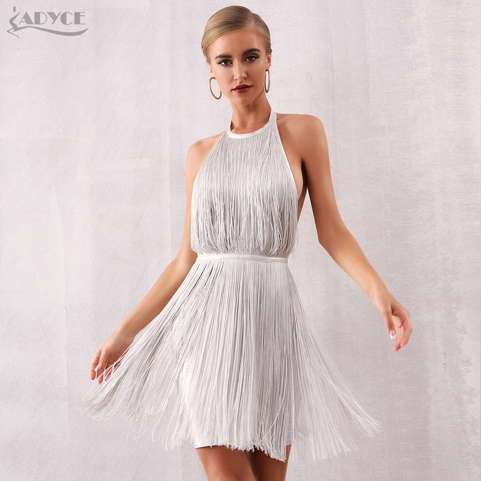 Adyce Women Tassel Bandage Dress Vestidos 2021 New Summer Sexy Celebrity Evening Party Dress White Mini Halter Fringe Club Dress