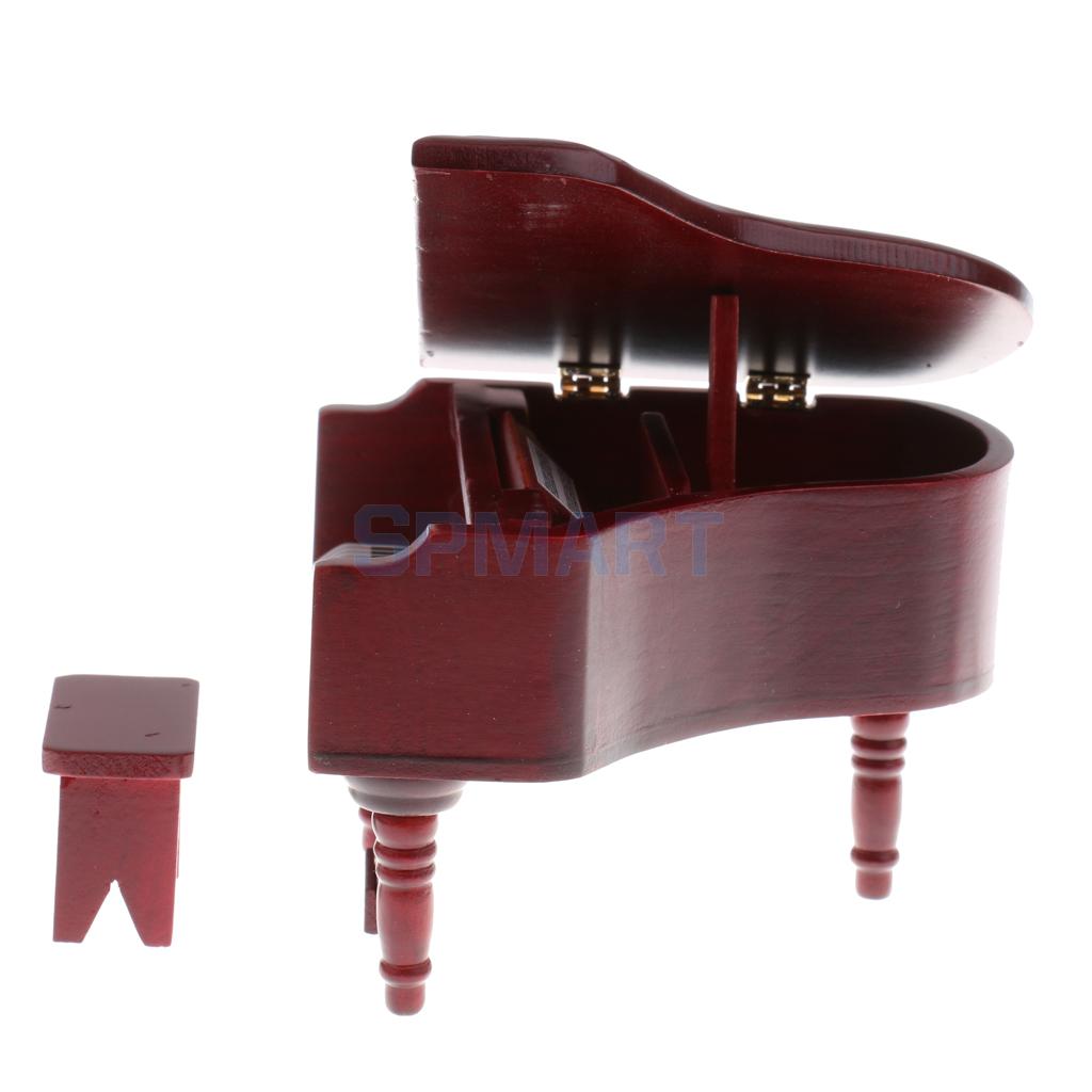 1/12 Scale Dollhouse Miniature Wooden Piano with Stool Set for 12th Dolls House Decoration Accessories