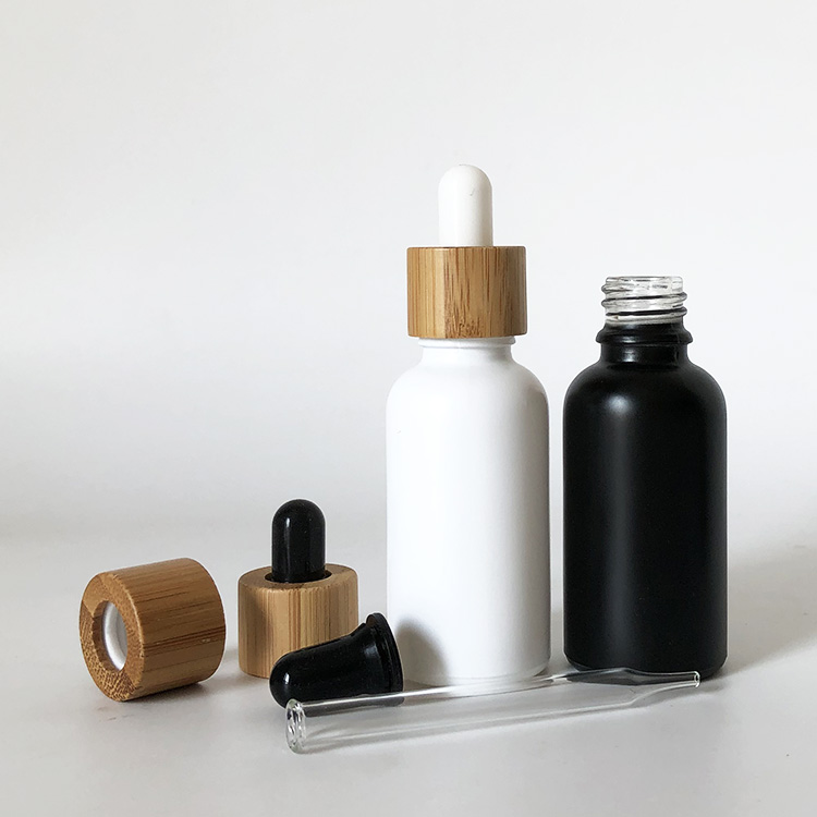 CBD Recycled eco friendly Round Natural Bamboo Wooden Lid Frosted Brown Glass Dropper Bottle with Rubber Cap 15ml 30ml 50ml100ml