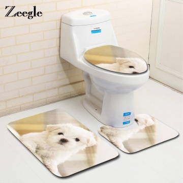 Zeegle Dog Printed 3Pcs Bathroom Carpet Set Non-slip Bath Mat Bathroom Floor Mats Door Mat Washable Toilet Rugs Pad