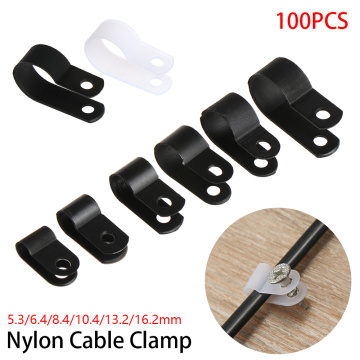 100PCS/lot Plastic P Clips Black Hose Fasteners Cable Durable R-Type Nylon Cable Clamp Mounting Fix Hardware Electrical Fittings