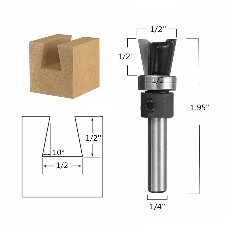 New 10 Degree 1/4" Carbide Dovetail Joint Router Bit with Bearing Woodworking Cutter Tool For Home Accessories