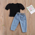 2-7Y Summer Girls Clothing Sets Fashion Children Girls Mesh Puff Sleeve T-shirts Tops+Ripped Hole Pants Jeans with Belt Outfits