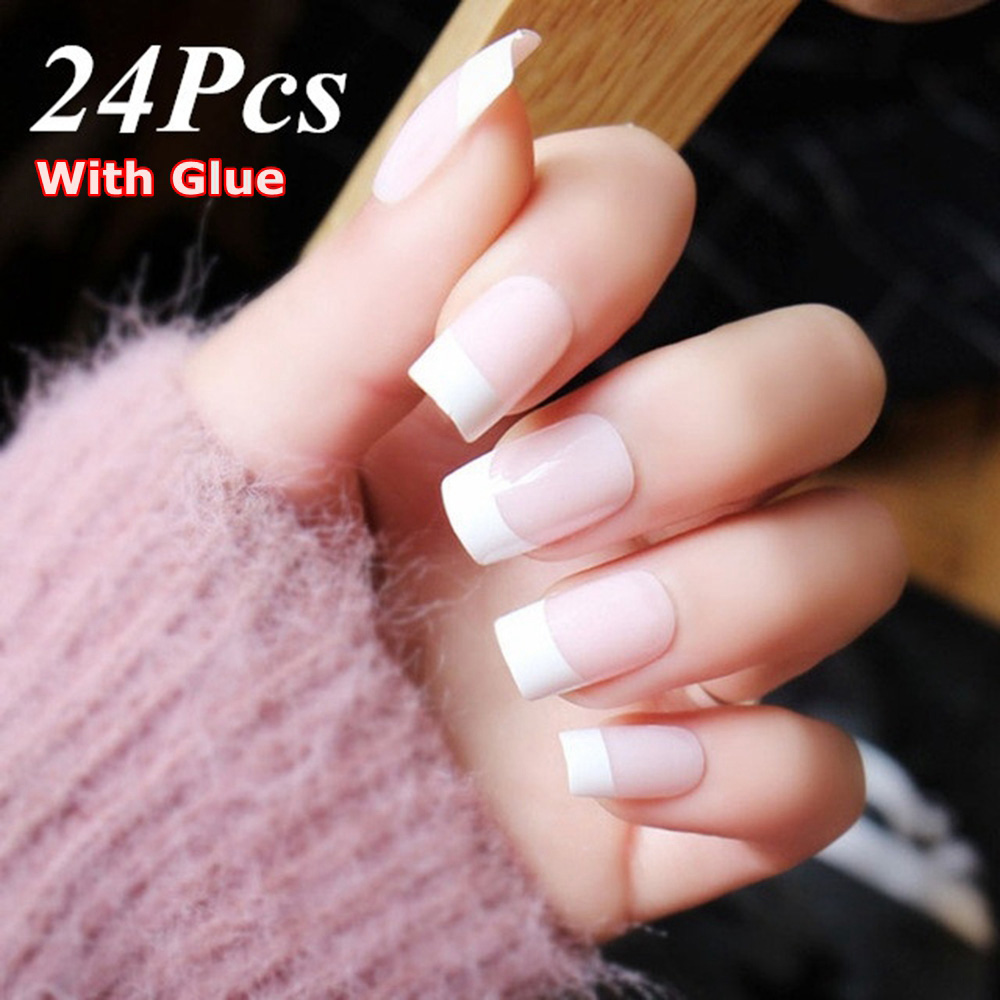 Fashion 24Pcs Natural French Short False Nails Acrylic Classical Full Cover Artificial Nails Home Office DIY Decor With Glue