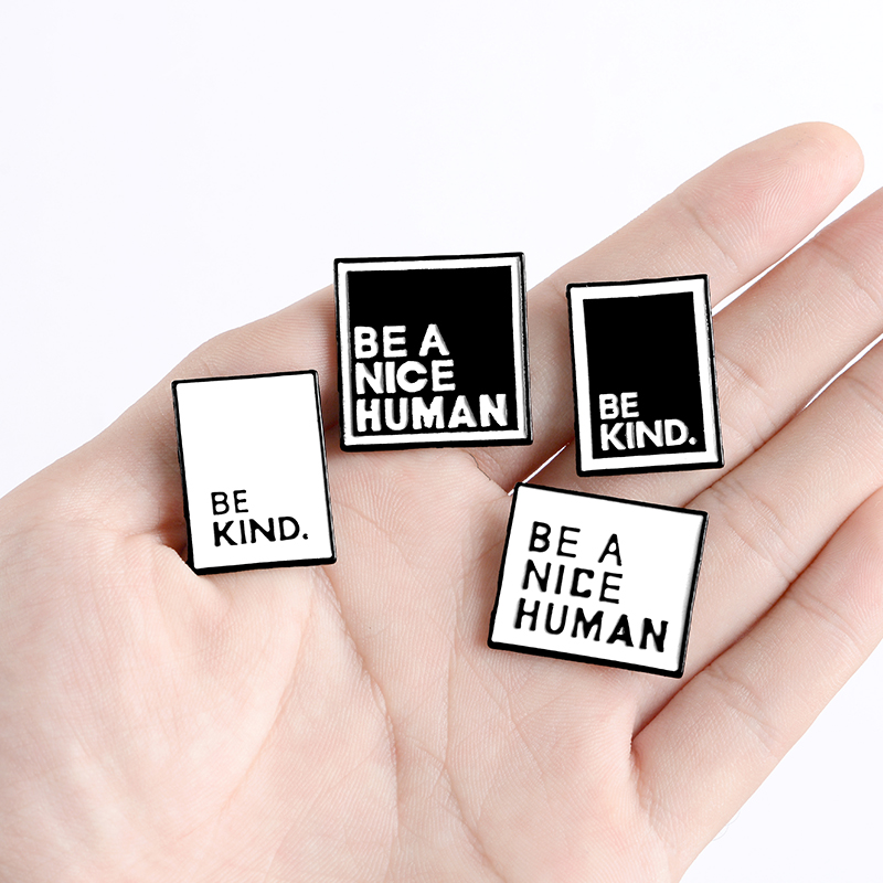 QIHE JEWELRY Fashion Black White Square Pins BE KIND Enamel Pins Simple Brooches Badges Denim Clothes Bag Pins Gifts for Friends