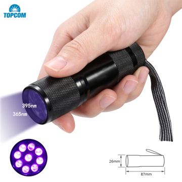 TopCom Portable 9 LED UV Light 365nm 395nm UV Flashlight Mini Ultraviolet Lantern Lamp For Nail Dryer Glue Curing Money Detector