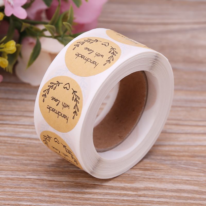 500pcs Natural Handmade With Love Kraft Paper Stickers Round Adhesive Labels Baking Scrapbooking Wedding Party Favors