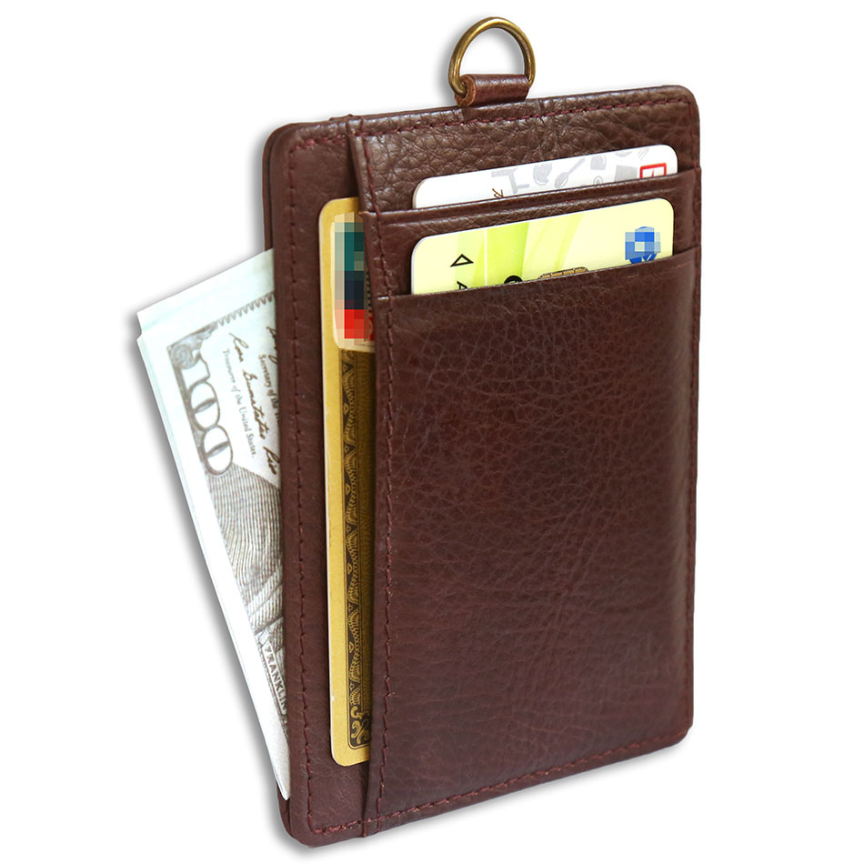 RFID ID Holder Genuine Leather Card Holder Men Credit Card Wallet Male Mini Slim Front Pocket Women Business With Key Ring