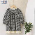 Humor Bear Girls Dress Spring Autumn Lace Collar Plaid Printed Sweet Long Sleeves Princess Party Dress Children Clothing