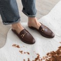 Genuine Leather Flats Shoes Women Black Flats Woman Metal Decoration Shoes Round Toe Brown Loafers Slip on Casual Shoes Women